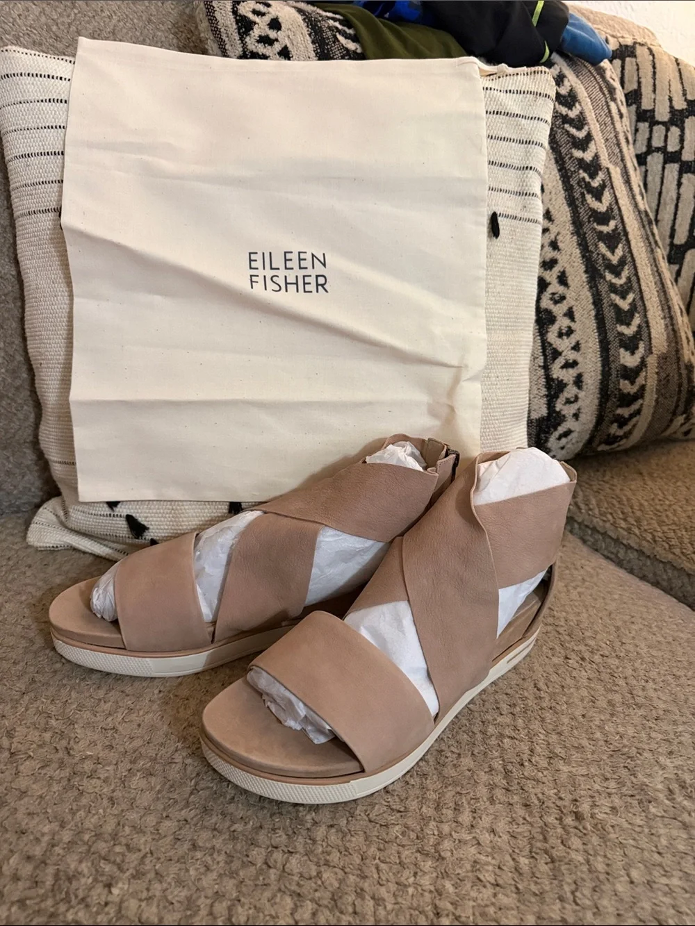Eileen Fisher sport tumbled nubuckWomen's Leather Crisscross Wedge Sandals
